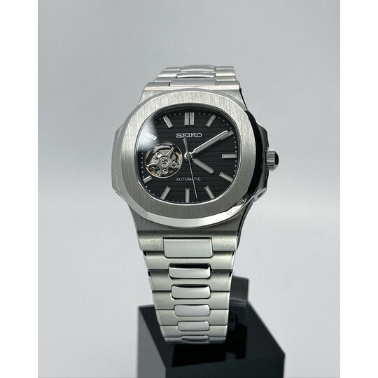 Custom Seiko Mod • Black Open Heart Silver Nautilus • 40mm